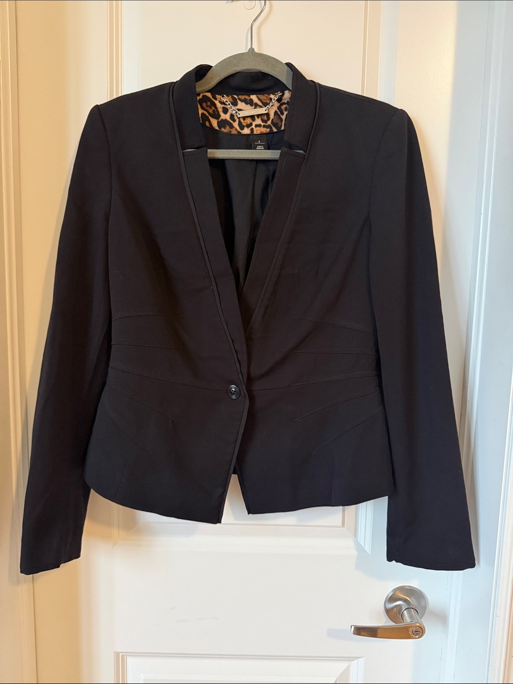 White House Black Market Black Women's Single-Button Blazer with Leopard Trim